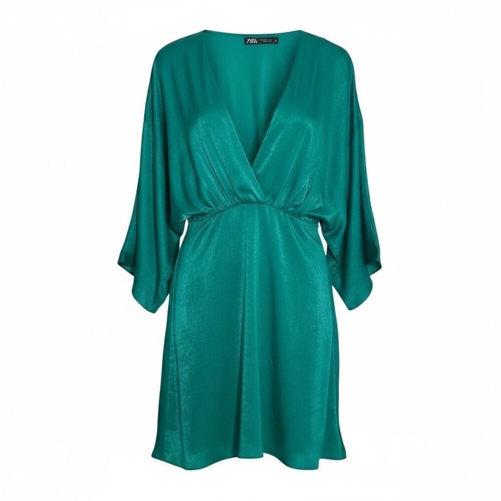 Zara Satin Full Sleeve Keyhole Back Playsuit Romper Mini Dress Teal Size XS